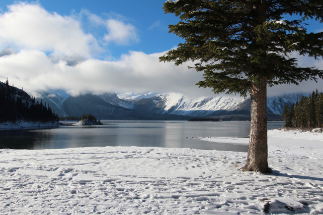 Обои картинки фото природа, реки, озера, деревья, снег, остров, озеро, зима, горы, облака, небо