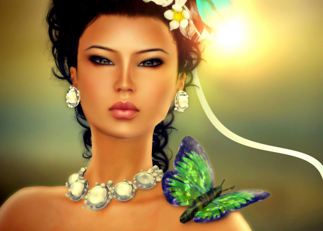 Обои картинки фото 3д графика, портрет , portraits, девушка, лицо, взгляд, бабочка, ожерелье, лента