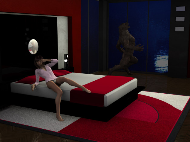 Обои картинки фото 3д графика, фантазия , fantasy, фон, взгляд, девушка, существо, кровать, интерьер
