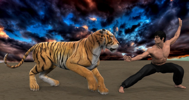 Обои картинки фото 3д графика, фантазия , fantasy, тигр, поза, фон, взгляд, мужчина