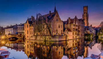 Картинка города брюгге+ бельгия дома отражение огни канал мост ночь брюгге
