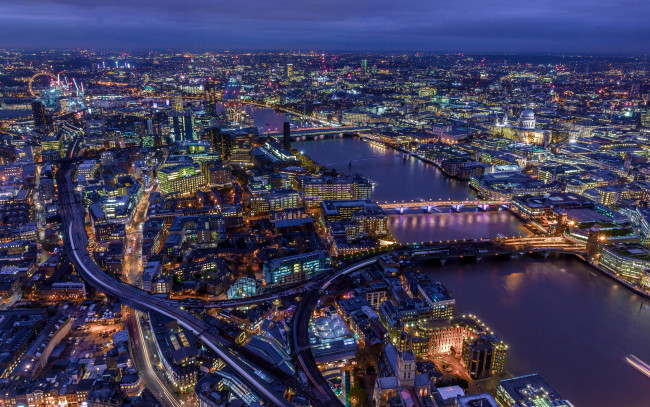 Обои картинки фото города, лондон , великобритания, вечер, панорама, огни, мосты, река