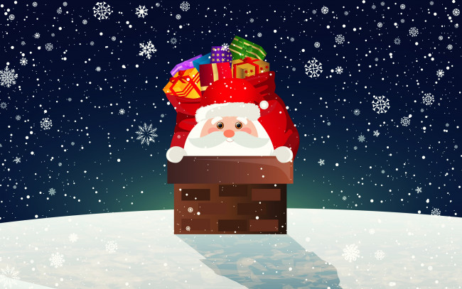 Обои картинки фото праздничные, векторная графика , новый год, снег, дымоход, новый, год, крыша, подарки, санта-клаус, зима, санта, мешок, труба, снежинки, клаус, фон, праздник, минимализм, рождество