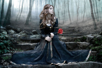 Картинка фэнтези девушки деревья роза ступеньки лес