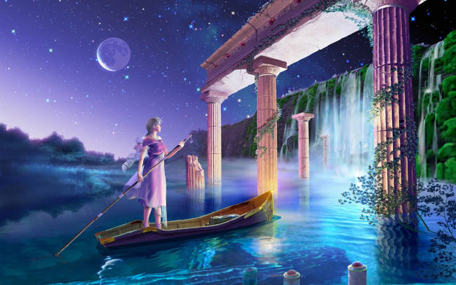 Обои картинки фото фэнтези, kagaya, водопад, лодка, девушка