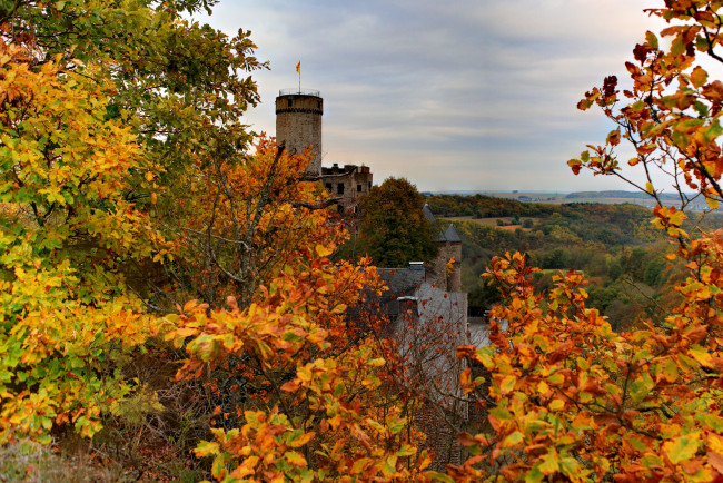 Обои картинки фото castle, pyrmont, germany, города, дворцы, замки, крепости, деревья, башня, флаг, осень