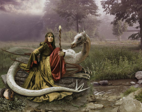 Картинка фэнтези красавицы+и+чудовища девушка дракон меч