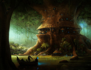 Картинка фэнтези иные+миры +иные+времена иной мир фонари озеро город лодки дерево лес