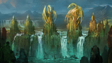 Картинка фэнтези драконы башни статуи арт скалы водопад замок