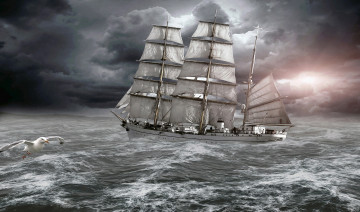 Картинка корабли парусники чайка шторм море парусник