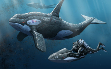 Картинка фэнтези роботы +киборги +механизмы люди робот под водой рыба море