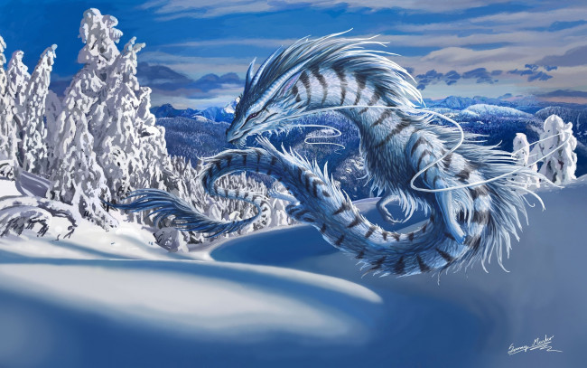 Обои картинки фото фэнтези, драконы, ели, шипы, снег, зима, голубой, dragons