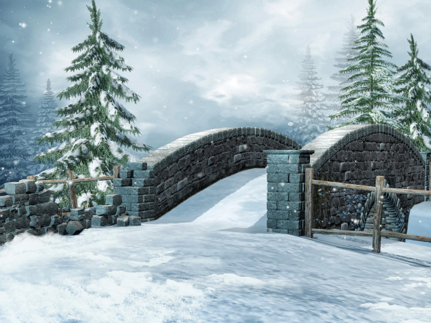 Обои картинки фото 3д графика, природа , nature, мостик, ели, снег