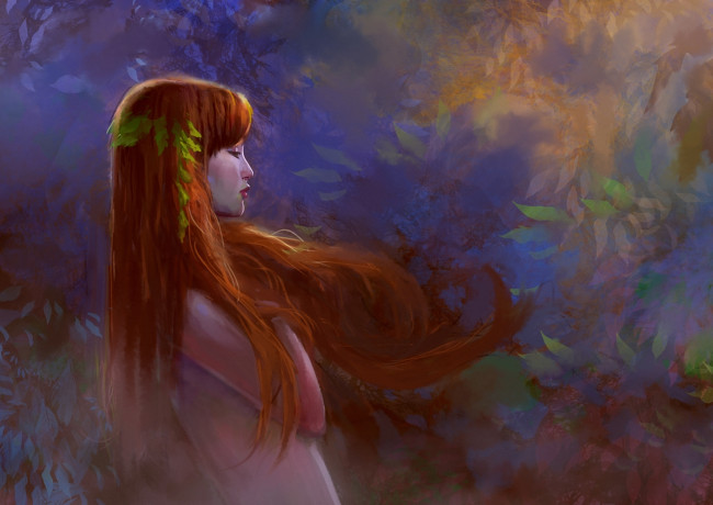 Обои картинки фото рисованное, люди, девушка, рыжеволосая, ветер, листья