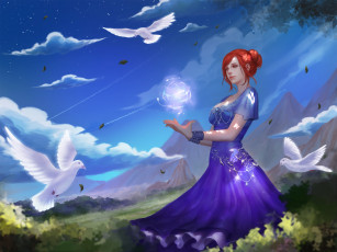 Картинка фэнтези магия голуби облака небо шар девушка арт платье рыжая
