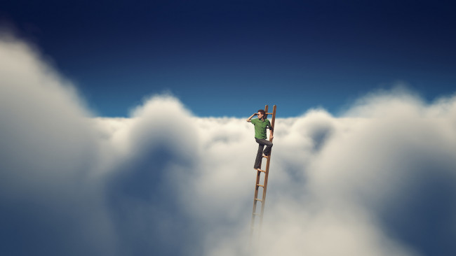 Обои картинки фото юмор и приколы, небо, облака, лестница, мужчина