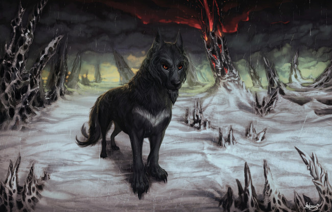 Обои картинки фото рисованное, животные,  волки, лес, снег, волк