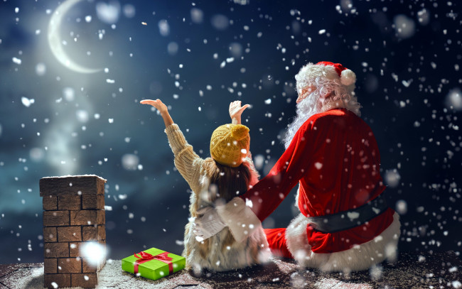 Обои картинки фото праздничные, дед мороз,  санта клаус, снег, луна, подарок, девочка, санта