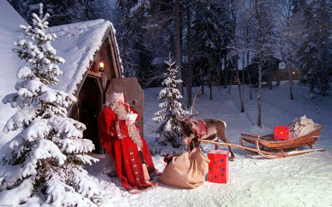 Обои картинки фото праздничные, дед мороз,  санта клаус, снег, санта, мешок, сани, олень