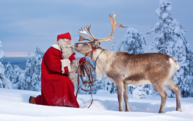Обои картинки фото праздничные, дед мороз,  санта клаус, снег, санта, олень