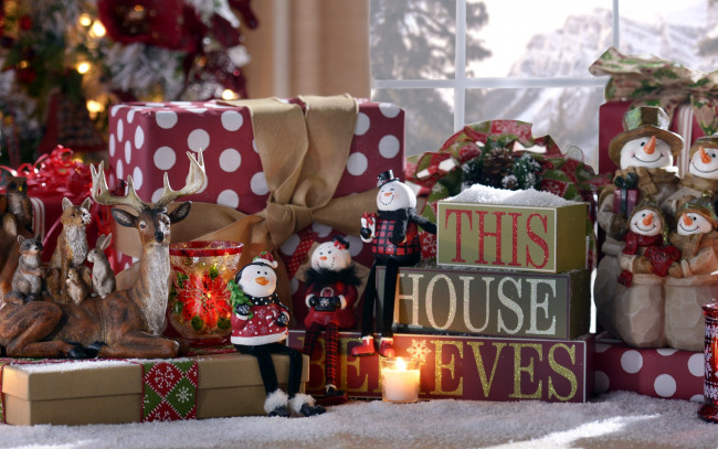 Обои картинки фото праздничные, подарки и коробочки, олень, снеговики, подарки