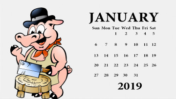 Картинка календари рисованные +векторная+графика поросенок шляпа свинья фартук тесак