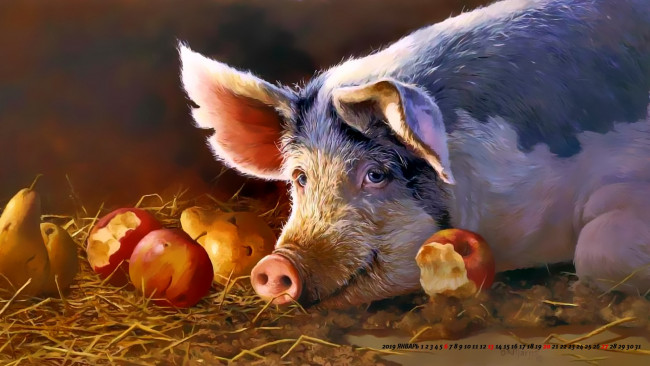 Обои картинки фото календари, рисованные,  векторная графика, яблоко, груша, свинья, огрызок, поросенок