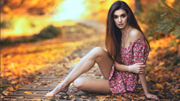 Картинка девушки -unsort+ брюнетки темноволосые поза листья осень ноги сидит женщина
