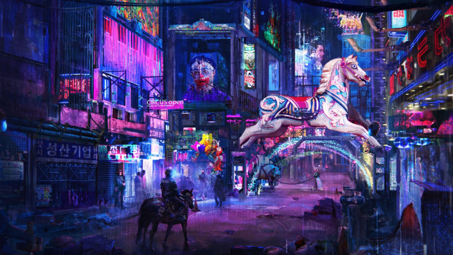 Обои картинки фото видео игры, cyberpunk 2077, киберпанк, цирк, лошадь