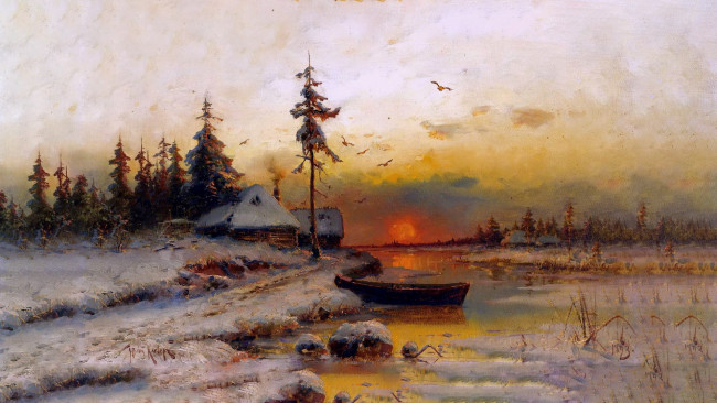 Обои картинки фото зимний закат, рисованное, юлий клевер, юлий, юльевич, клевер, снег, лодка, избушка, ели, солнце, река, зимний, закат