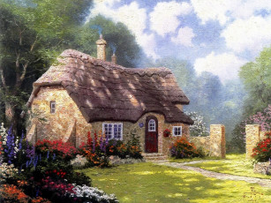 Картинка cottage in the forest рисованные thomas kinkade томас кинкейд painting коттедж домик красивый summer живопись