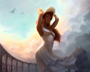 Картинка фэнтези девушки белое девушка шляпа платье