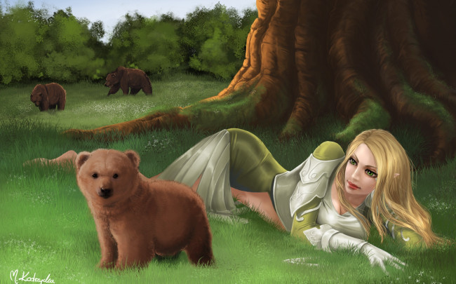 Обои картинки фото фэнтези, эльфы, медведи, лужайка, эльф, медвеженок