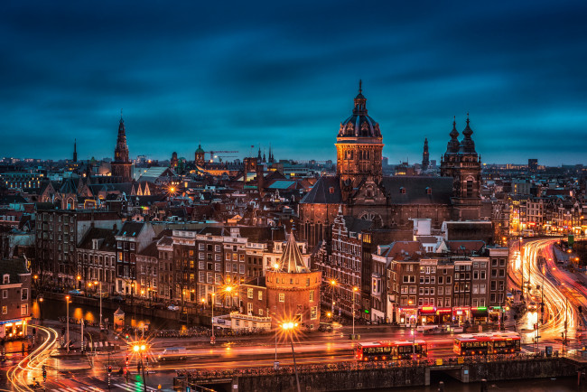 Обои картинки фото города, амстердам , нидерланды, улица, ночь, здания