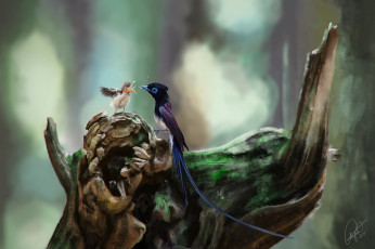 Картинка рисованное животные +птицы природа cameron moore птенец кормление птичка ситуацие