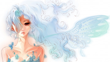 Картинка аниме ангелы +демоны голубые волосы девушка крыло