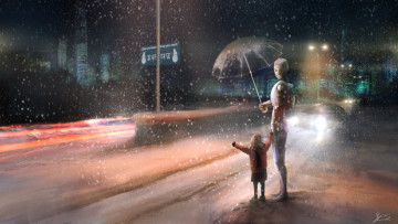 Картинка аниме оружие +техника +технологии ночь небо зима снег фонарь свет девочка ребенок робот зонт машина дорога дорожный знак дома здания улицы город shimizu you