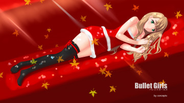 Картинка аниме зима +новый+год +рождество девушка снегурочка conceptx арт bullet girls блондинка лежит красный фон листья лучи