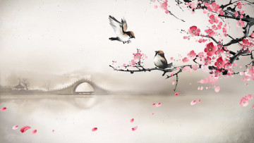 обоя рисованное, животные,  птицы, лепестки, сакуры, утро, туман, река, птички, мост, сакура, арт, весна