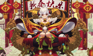 Картинка аниме животные +существа huang xie арт фонари драконы барашки взгляд рога девушка наряд улыбка иероглифы