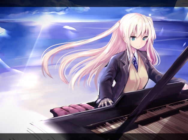 Обои картинки фото аниме, музыка, пианино, небо, девушка, арт, haik