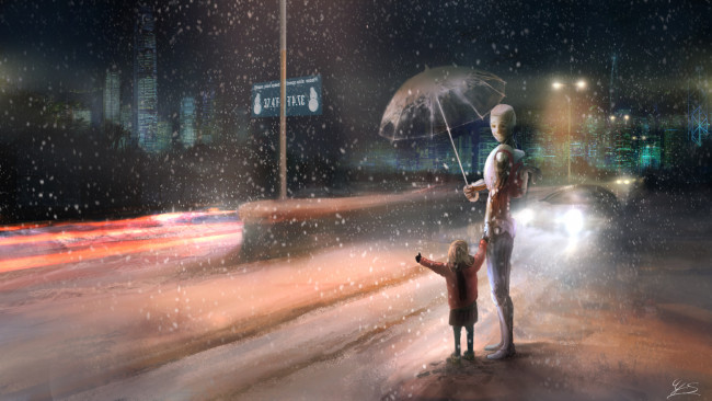 Обои картинки фото аниме, оружие,  техника,  технологии, ночь, небо, зима, снег, фонарь, свет, девочка, ребенок, робот, зонт, машина, дорога, дорожный, знак, дома, здания, улицы, город, shimizu, you
