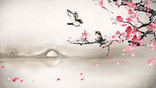 Обои картинки фото рисованное, животные,  птицы, лепестки, сакуры, утро, туман, река, птички, мост, сакура, арт, весна