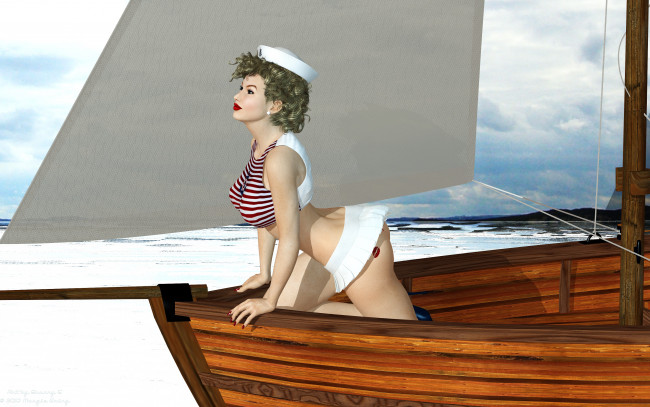 Обои картинки фото 3д графика, люди , people, парус, лодка, фон, взгляд, девушка