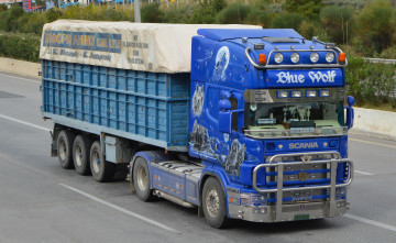 обоя scania 144l 530 blue wolf, автомобили, scania , выставка, улица, грузовик, тяжелый, тягач, седельный