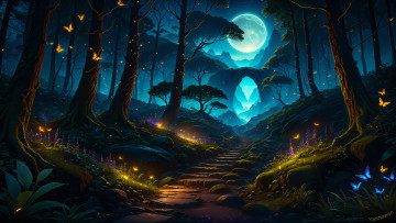 Картинка фэнтези 3д+графика природа+ nature magical forest night butterflies moon glowing tall trees stones pathway ai art