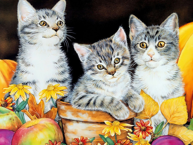 Обои картинки фото рисованное, животные,  коты, котята, горшок, цветы