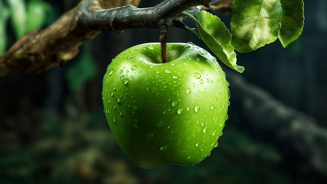 Обои картинки фото красота, 3д графика, еда-, food, капли, яблоко, ветка, зеленое, яблоня, на, ветке, ии-арт, нейросеть