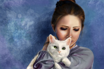 Картинка рисованные люди кошка девушка кот