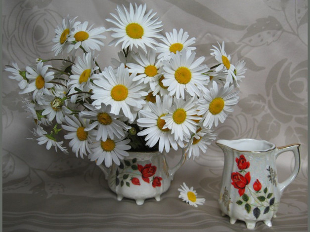 Обои картинки фото цветы, ромашки, ваза, молочник